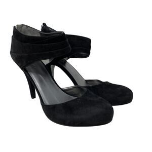 Nine West Garinoo Ankle Strap Heels Womens Size 8 Black Suede Leather Round Toe